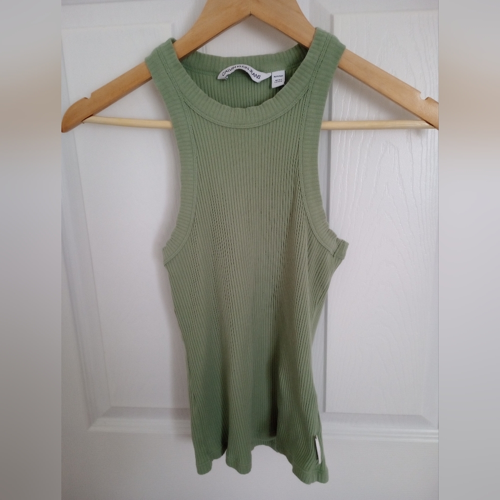 Calvin Klein Woven Label Racerback Rib Tank Top in Green Haze Size X Small - Picture 4 of 6
